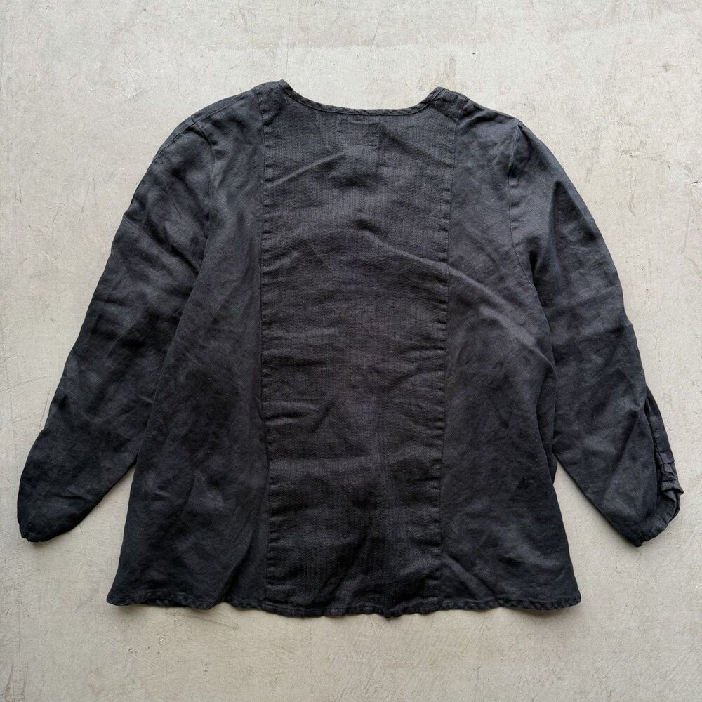 Flax Womens 3G Top Tunic Shirt Babydoll Lagenlook 100% Linen Button Front Black - Picture 3 of 7